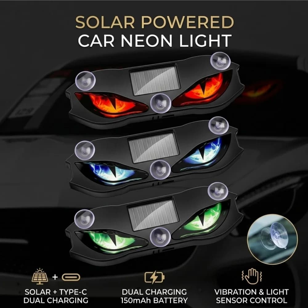 Solar Powered Car Neon Light Demon Eye Ambient Atmosphere Lamp Wireless Rechargeable LED Auto Decorative Light Car Decoratin