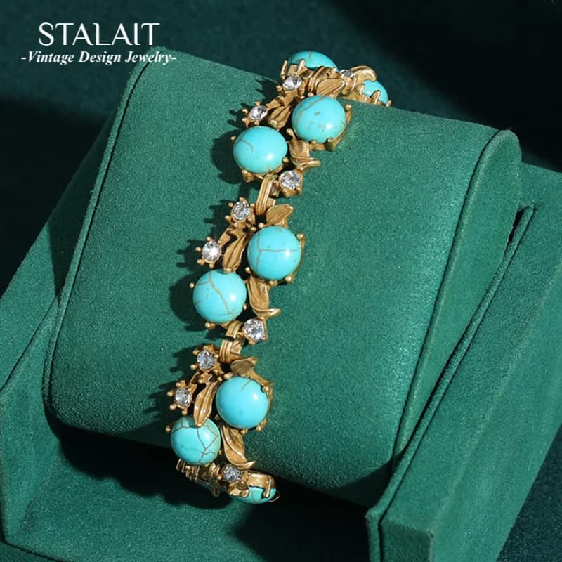 Bracciale vintage in pietra naturale turchese donna blu antico placcato oro 18 carati designer di lusso 2025 gioielli di tendenza regalo di Natale