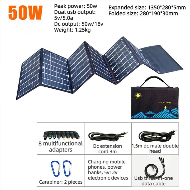Pannello Solare Pieghevole 100W con Uscita USB+DC, Caricatore Solare Portatile, Dispositivo di Ricarica Solare Pieghevole, Alimentatore Portatile per Esterni