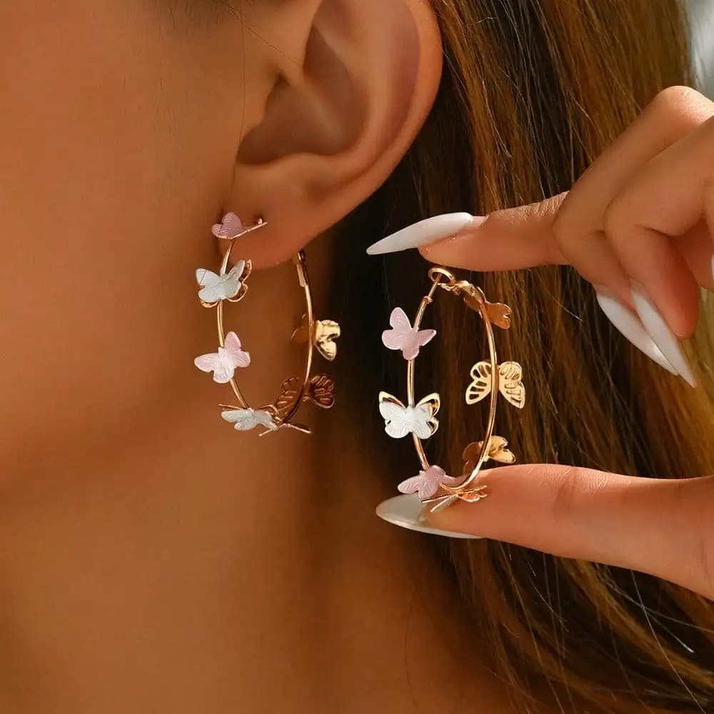 Pink And White Butterfly Earrings Female Hollow, Multi-Layer Large Circle Ear Hooks Light Luxury, Personalized Earrings