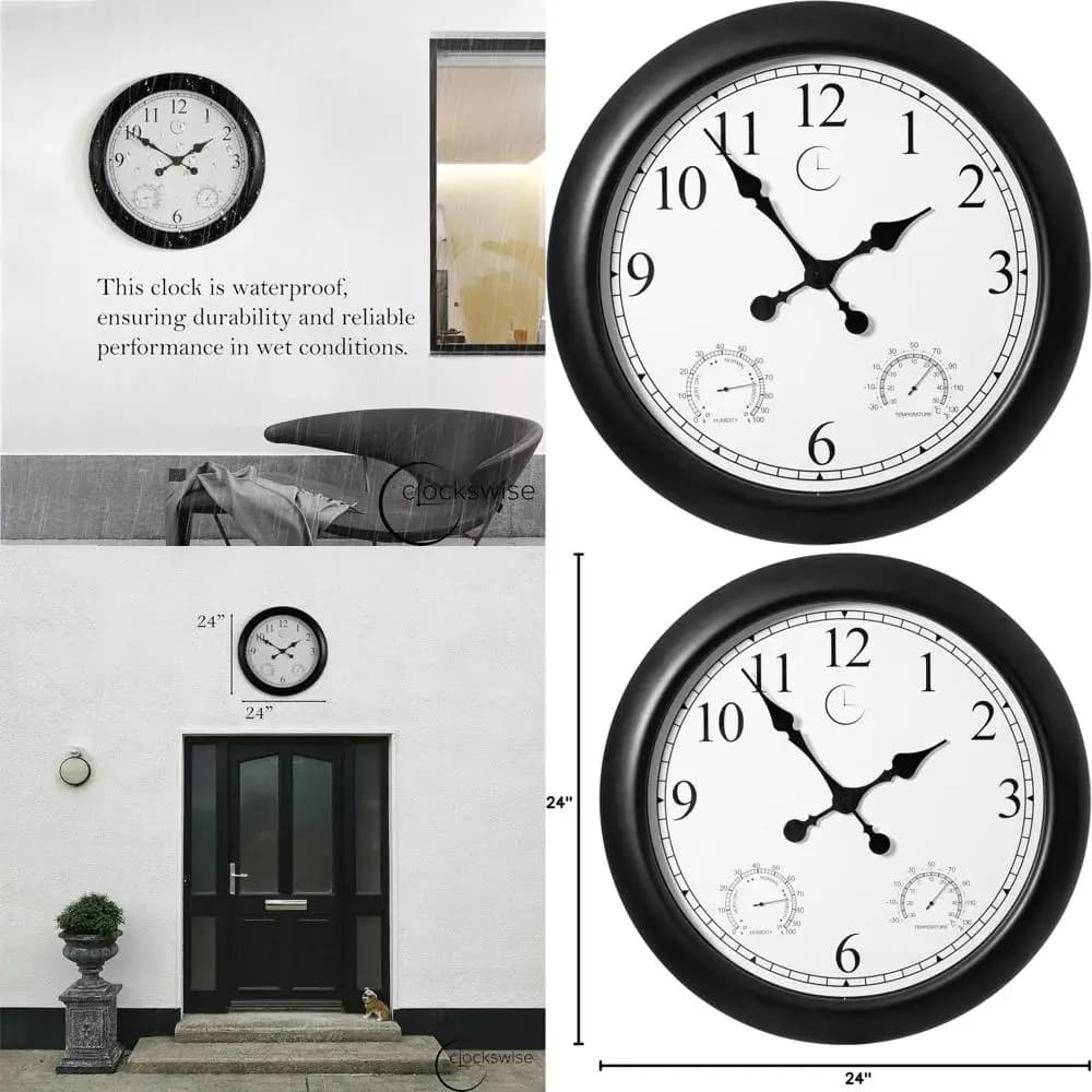 Clock from Parete al Quarzo to Battery with Thermometer and Analog Hygrometer for Home, Office and School (Black Frame)