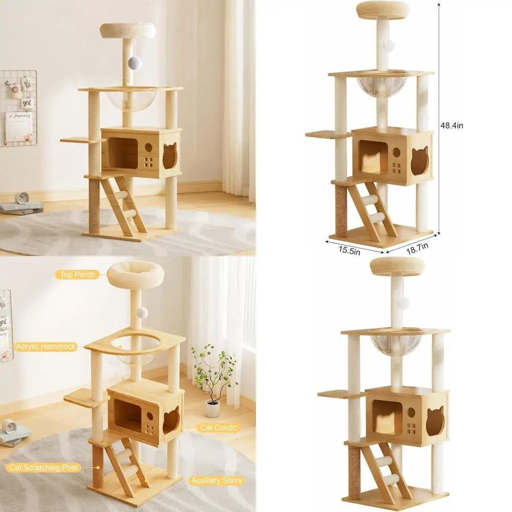Torre per gatti in legno da 484 pollici di altezza o gatti da interno di grandi dimensioni per adulti, mobili per gatti minimalisti Ern con tiragraffi per gatti, accogliente pesce persico Sleng