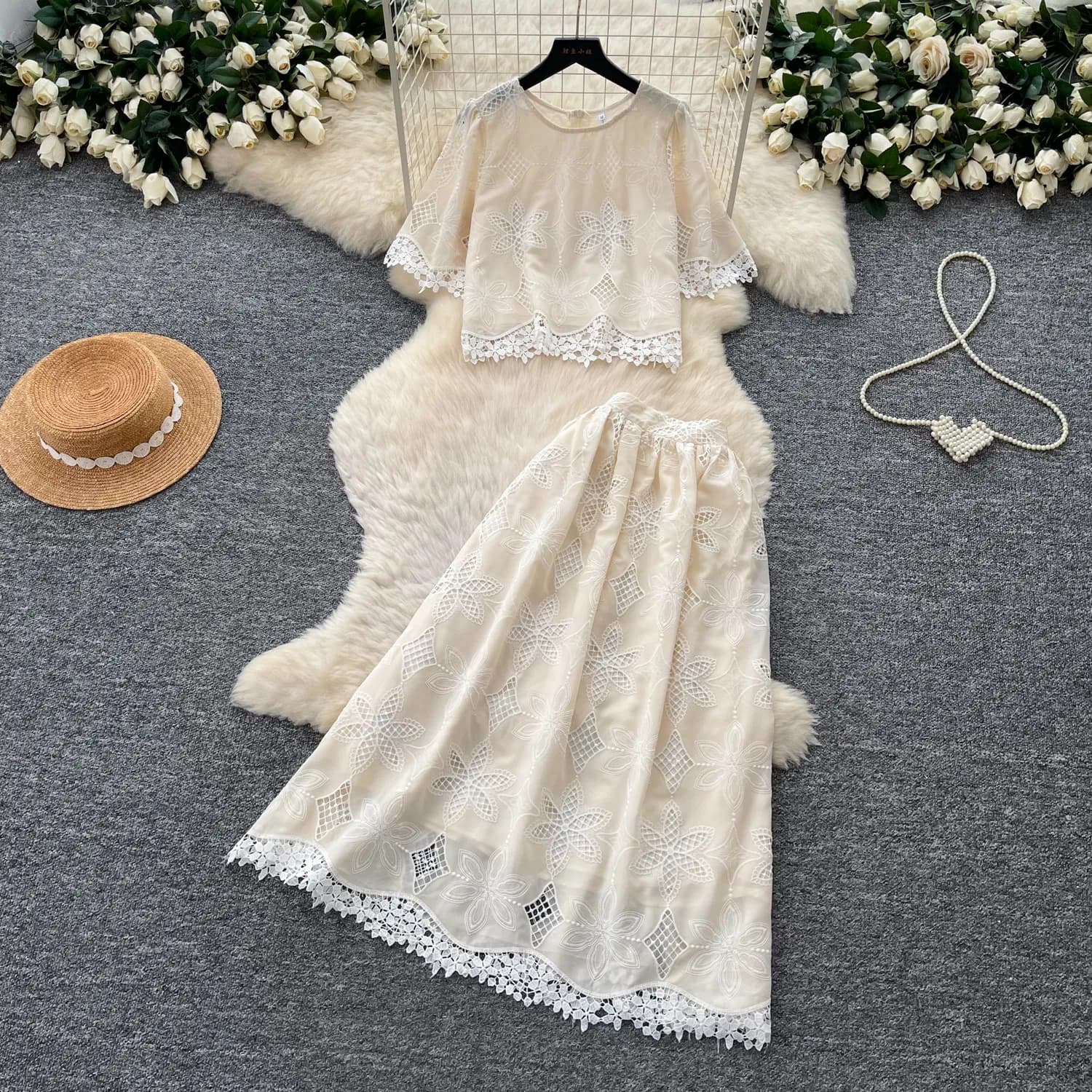 Vintage Lace Embroidery Two-Piece Set Women Short Sleeve Blouse + High Waist Maxi Skirt Set Casual Summer Holiday Beach Wear