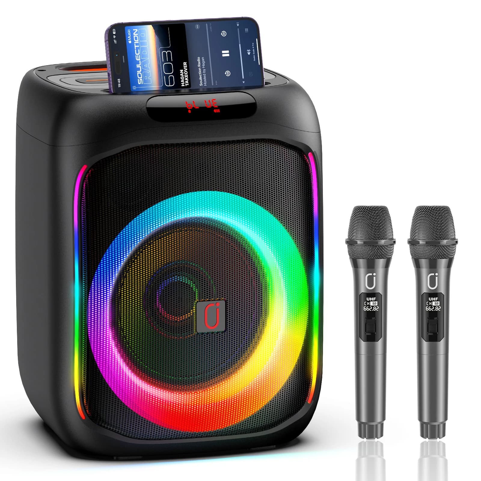 Macchina per karaoke FanFun T16 dotata di 2 microfoni per karaoke wireless, scheda Bt\Tws\Usb\Tf\ingresso Aux, con luci colorate RGB