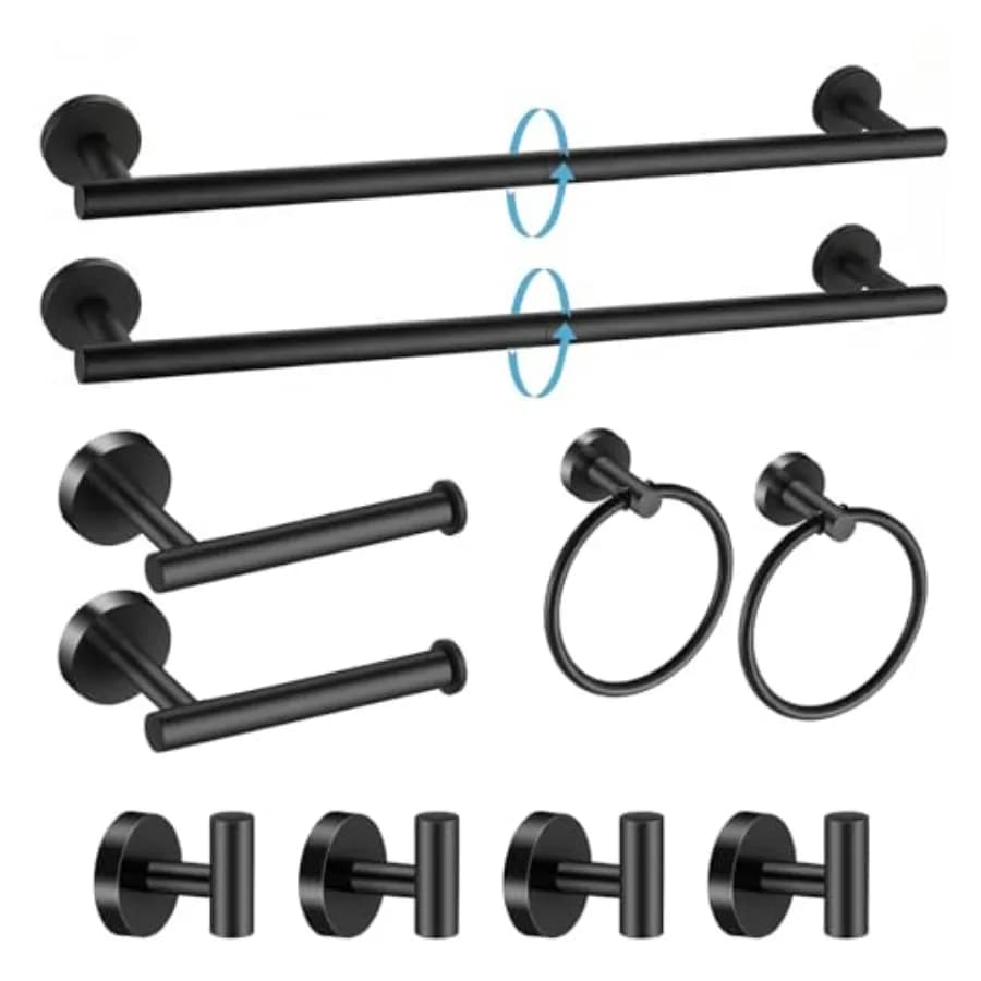 Set di Accessori per Bagno in Nero Opaco 10 Pezzi - Portasciugamani da 27,5 Pollici, Portarotolo, Anello Portasciugamani, Ganci Appendiabiti in Acciaio Inossidabile