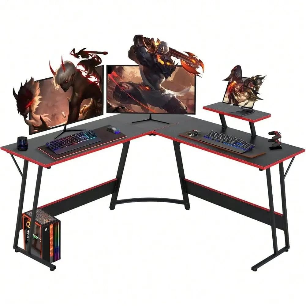 Scrivania da gaming a forma di L da 13 pollici, scrivania angolare per computer con supporto per monitor rimovibile, per casa, ufficio, studio, postazione di lavoro per gaming, nera