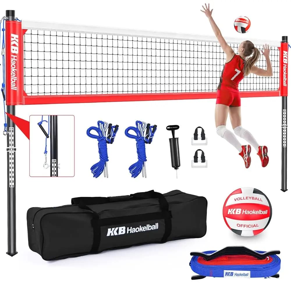 Set Rete da Pallavolo Portatile per Esterni, Resistente, con Pali Regolabili in Altezza, Sistema Anti-Cedimento, Pallavolo, Pompa