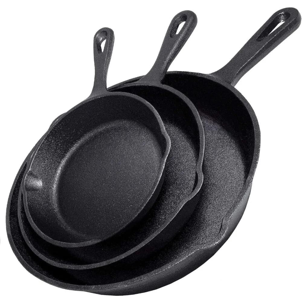 Set of 3 piece cast iron pans: pre-tempered pans for heavy loads of 10", 8", 6" for frying, jumping, cooking and more