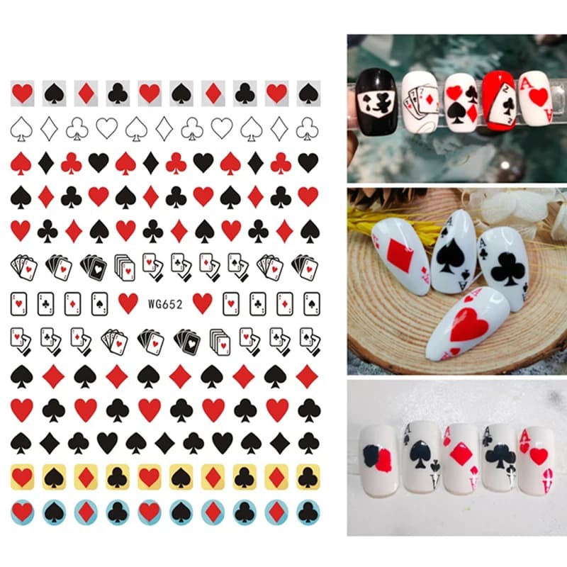 3D Poker Design adesivi per Nail Art carte da gioco decorazioni adesive per unghie picche cuori rossi decalcomanie per unghie disegni per unghie carini