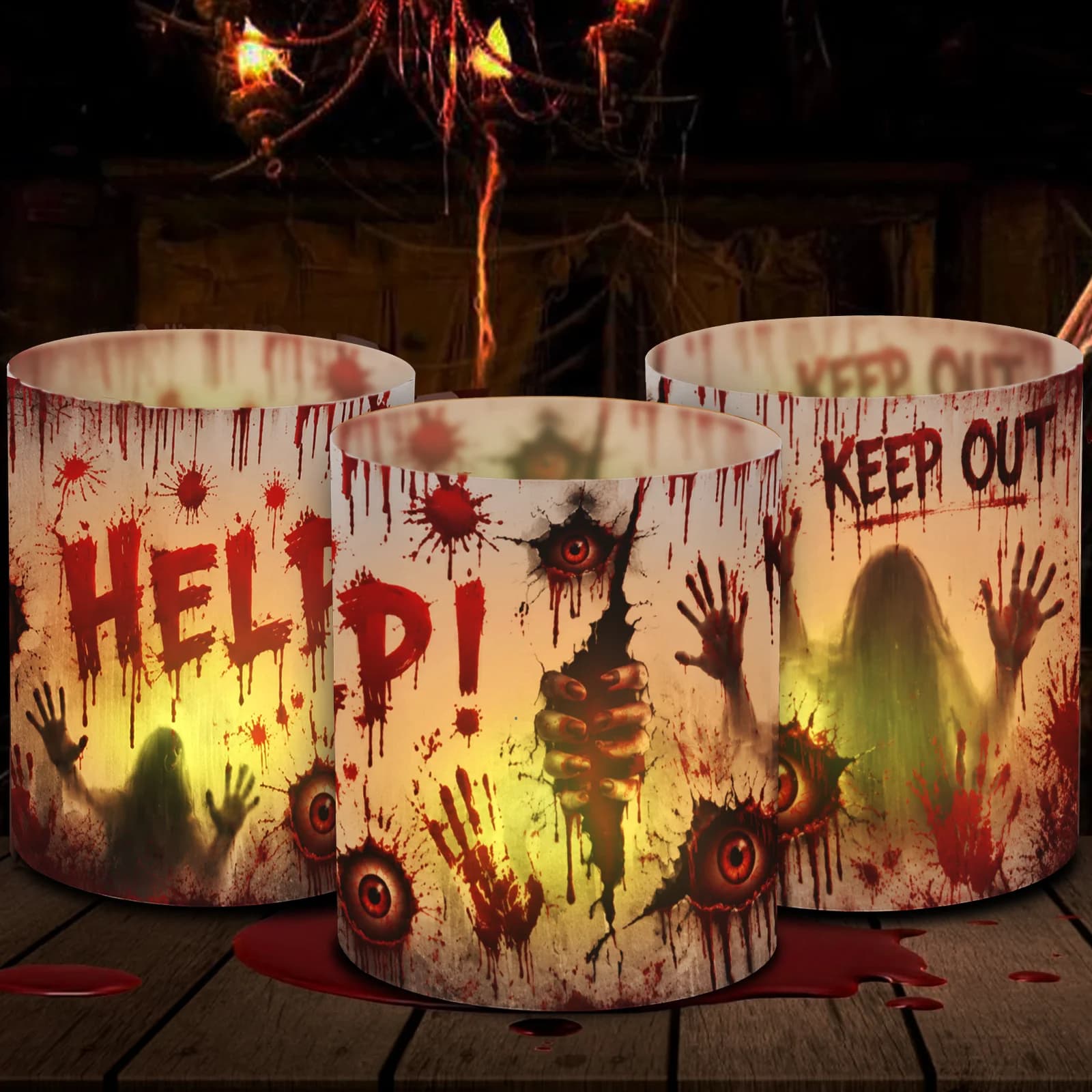 12 Pieces Halloween Horror Pattern Candle Lampshades with Blood Stains, Ghosts and Bloody Handprint Designs, Spooky Style Candle