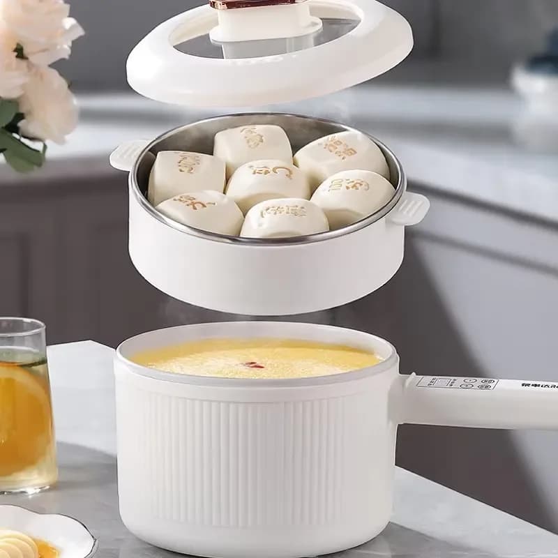 Pentola Elettrica 2.5L/3L con Manico Lungo Integrato, Pentola in Ceramica Antiaderente, Padella Elettrica Domestica con Vaporiera 220V