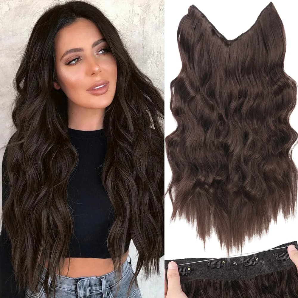 Estensioni dei capelli Halo nero con filo invisibile Dimensioni regolabili Posticci ricci ondulati sintetici lunghi da 22 pollici per donne Senza clip