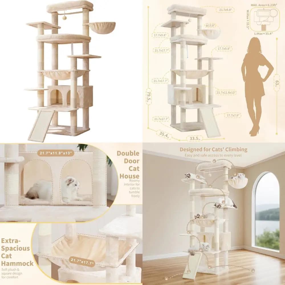 Albero per gatti rialzato da 80 gatti di grandi dimensioni, torre interna multilivello con grucce larghe, tiragraffi e grotte, Beige HCT038M
