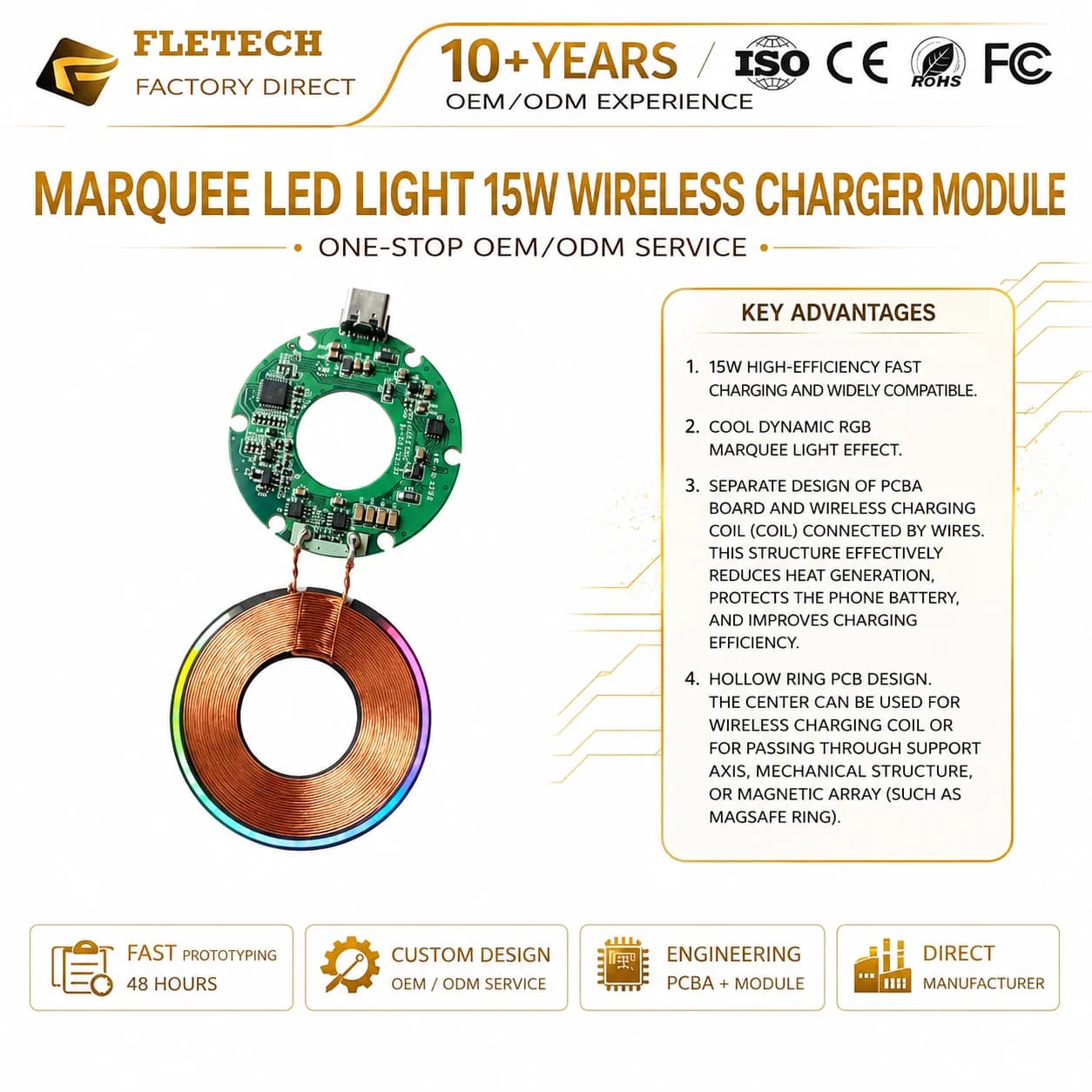 Modulo LED Circolare a Scorrimento Luminoso per Ricarica Wireless Veloce Fai-da-te, Scheda Circuito Caricabatterie Wireless Qi da 15W per Tappetino Mouse e Lampada da Scrivania