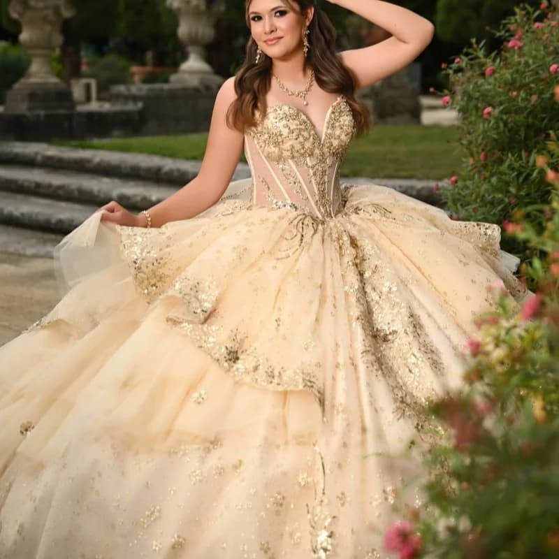 Champagne Quinceanera Dress Golden Glitter Crystal Decal Long Tail Layering off-shoulder Vestidos De 15 Quinceanera Customize