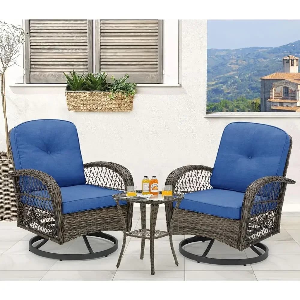 Navy Blue 3-Piece Patio Furniture Set with Swivel Rocking Chairs, Wicker Bistro, Cushions, and Glass Coffee Table
