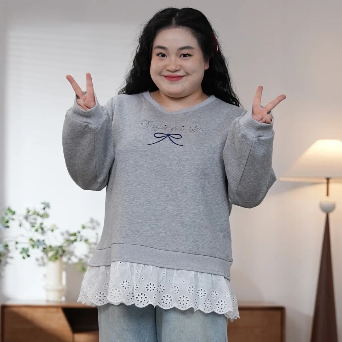 Large Size Lace Patchwork Knot Embroidered Sweatshirt Jacket Milk Grey Fubie Casual Style Standard Fit Po...