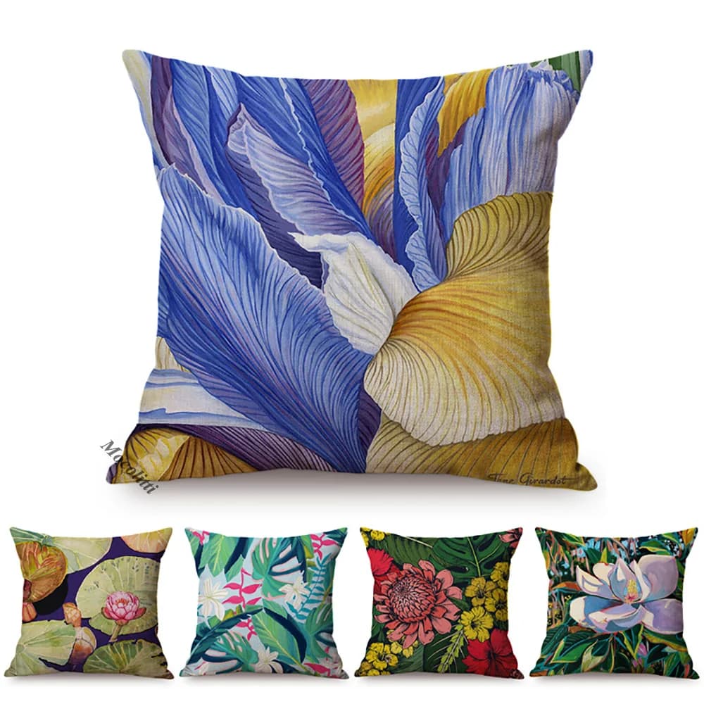 Fodera per cuscino decorativa per divano in stile floreale moderno, piante tropicali di loto, cactus, federa per sedia in cotone e lino
