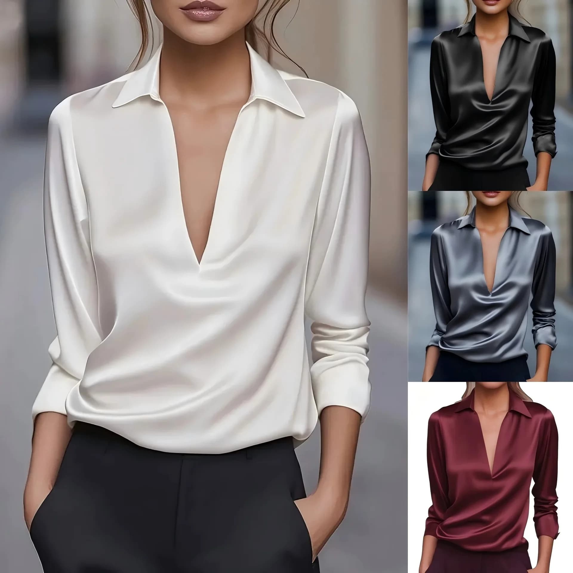 Women's T-shirt with fall V-neck 2025 - Elegant shirt with long sleeves in plain color, minimalist office top