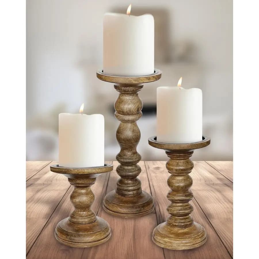 Set of 3 wooden candle holders, high and rustic, suitable for 4 inch and 3 inch pillar candles, modern decoration in farmhouse style.
