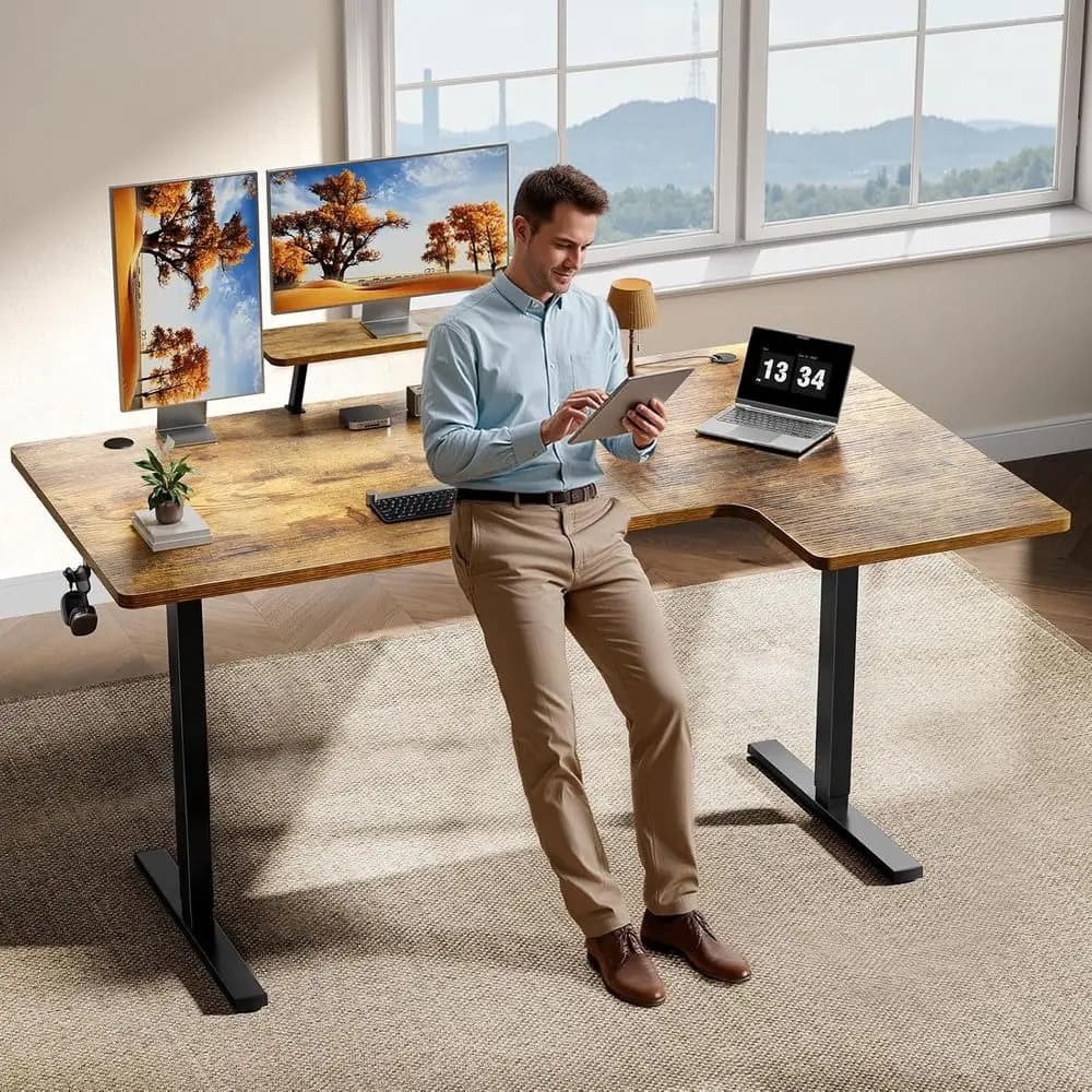 L Desk Adjustable Electricly 63 with Flexible Monitor for Home Use and Office