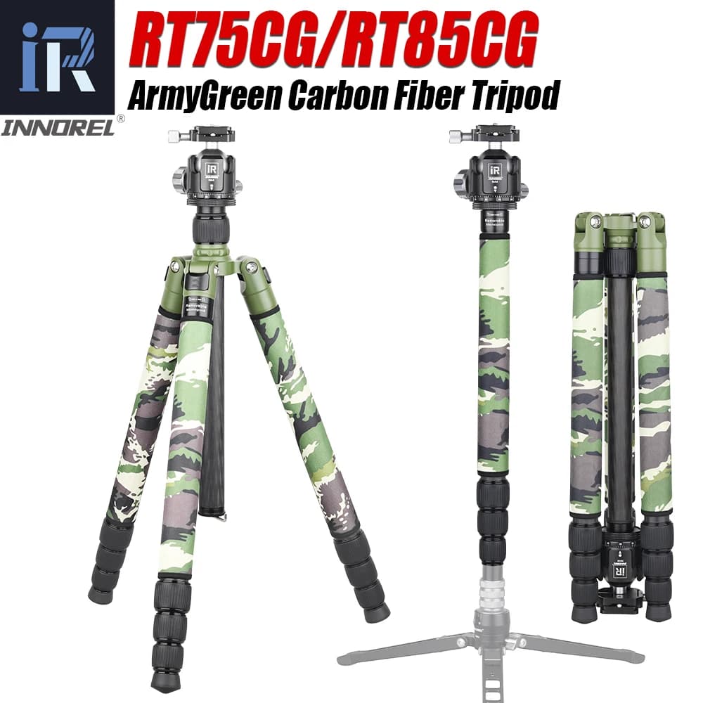 Military Green Carbon Fiber Tripod/Monopiede RT75CG/85CG, Support Resistant with 360° Rotation Head Overview Sphere for Digital Camera DSLR