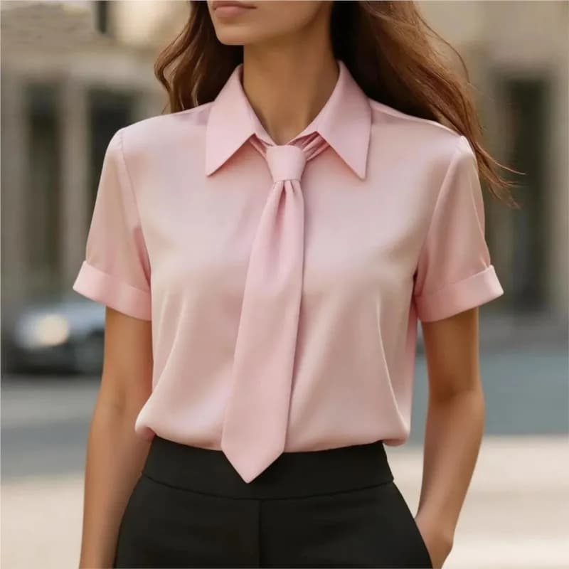 Camicia Elegante da Lavoro per Donna Estate 2025, Manica Corta, Tinta Unita, Colletto con Laccio, Blusa Casual da Ufficio per Pendolari