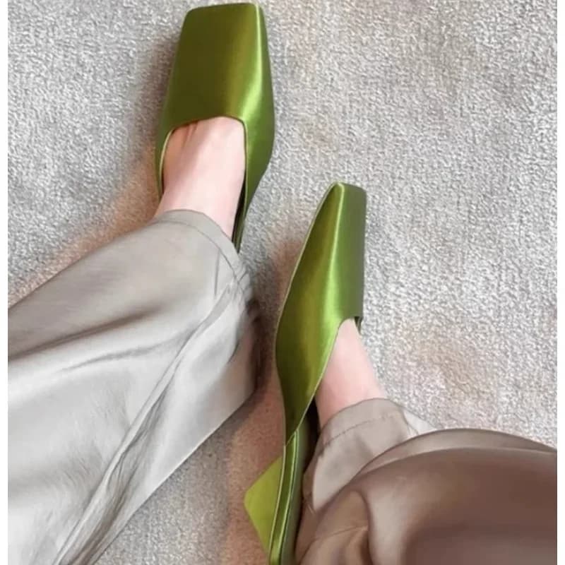 Satin Sandals Women Summer Sexy Square Head Strange Low Heel Slide Sandals Chunky Heel Elegant Design Mule Slippers Women