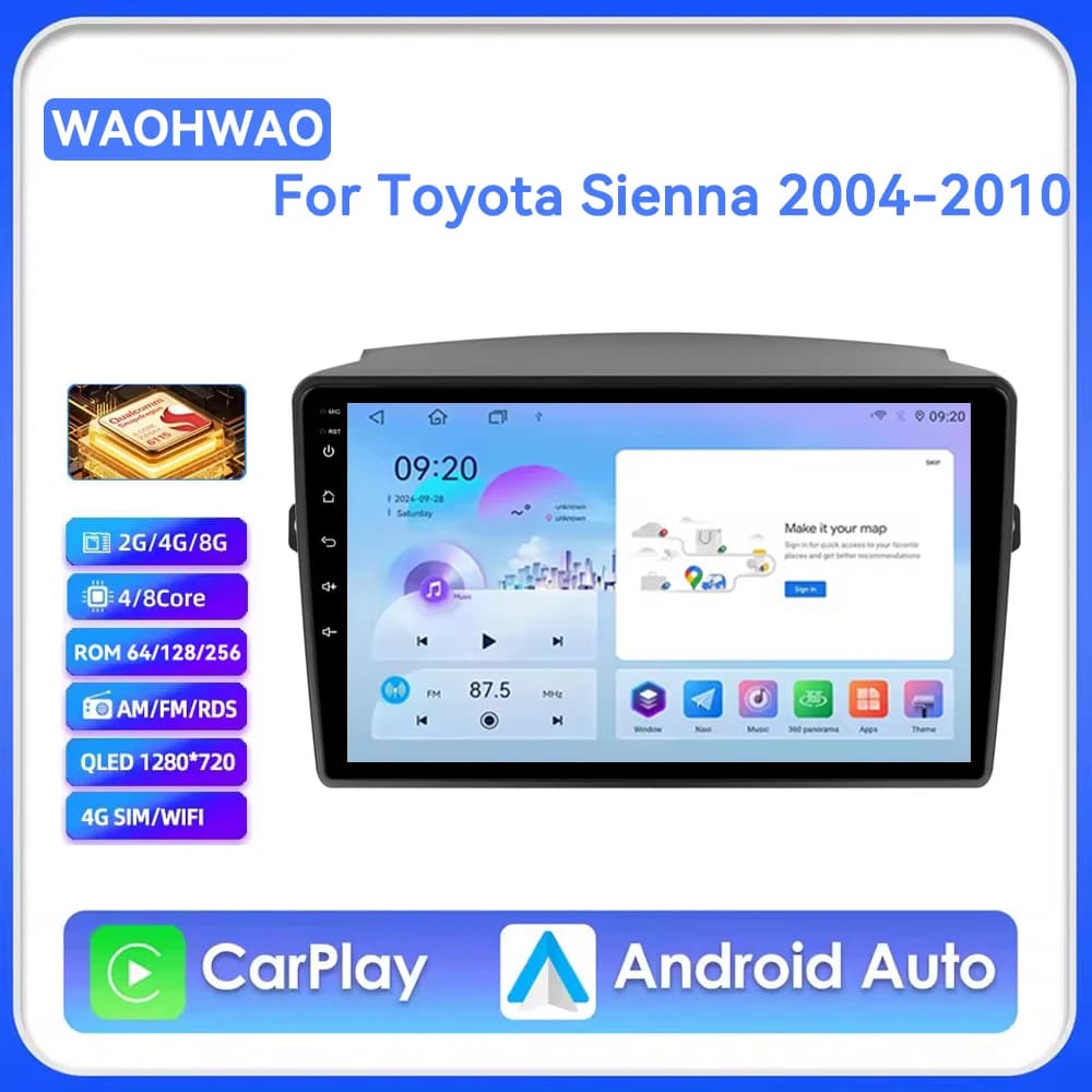 Autoradio Android 16 Carplay per Toyota Sienna 2 II XL20 2004 - 2010, Lettore Multimediale Video, Navigazione GPS, Stereo DSP
