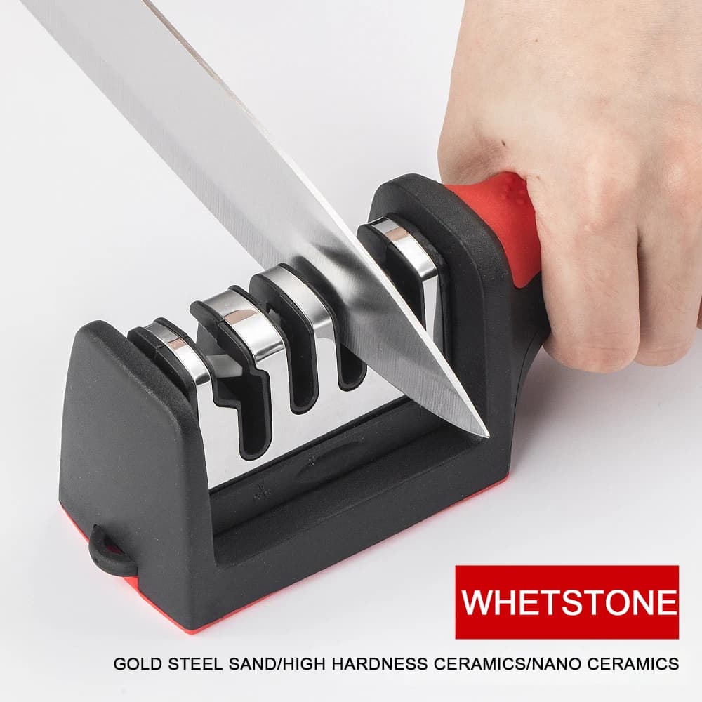 Affilacoltelli a 4 Fasi, Affilacoltelli Manuale da Cucina con Base Antiscivolo, Affilatura Rapida in 5 Secondi per Coltelli da Chef