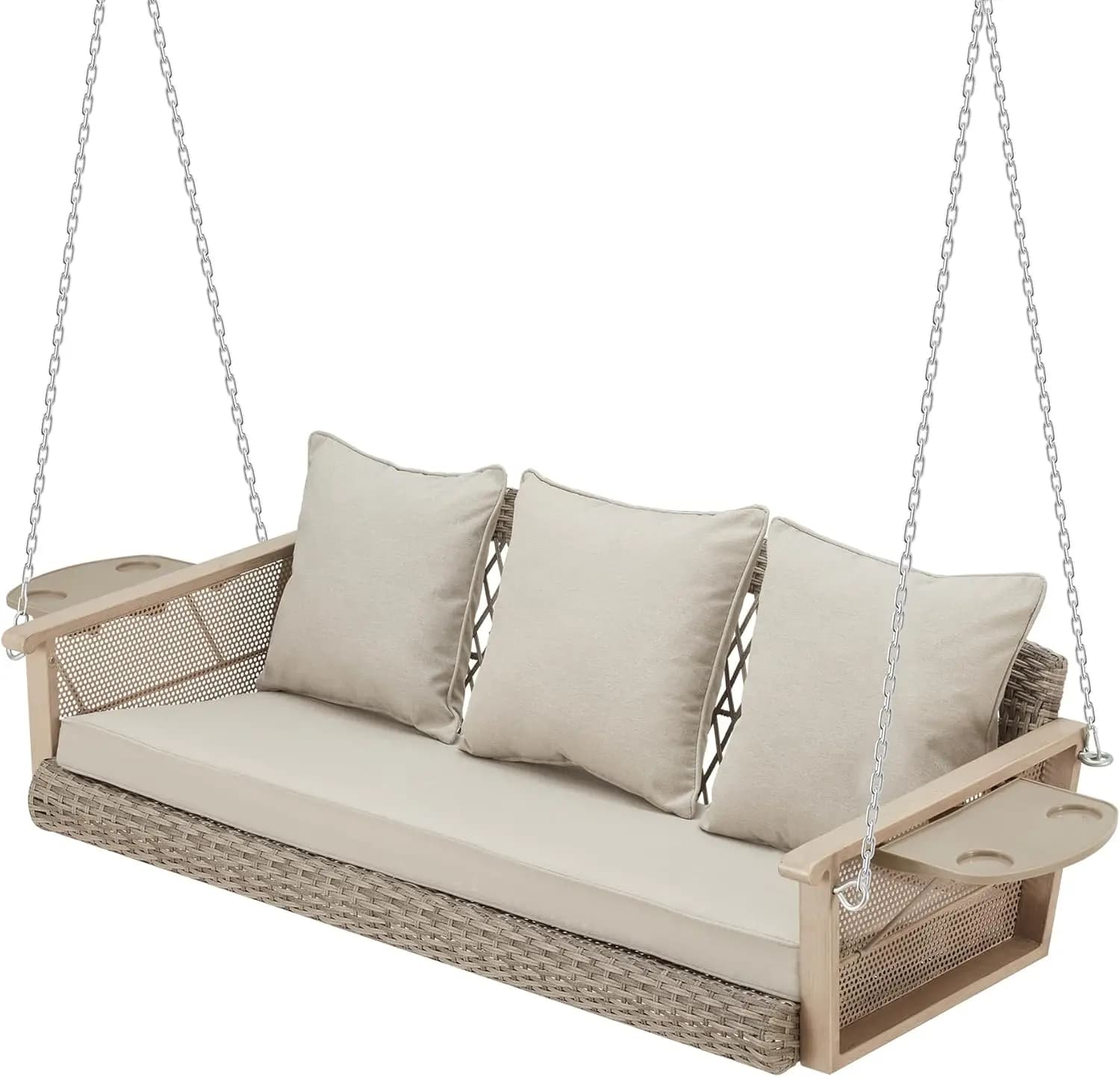 3-Person Wicker Porch Swing with Upgraded Cup Holder, 56 Inch Patio Hanging Swing Bench Chair with Cushions, Outdoor Swing