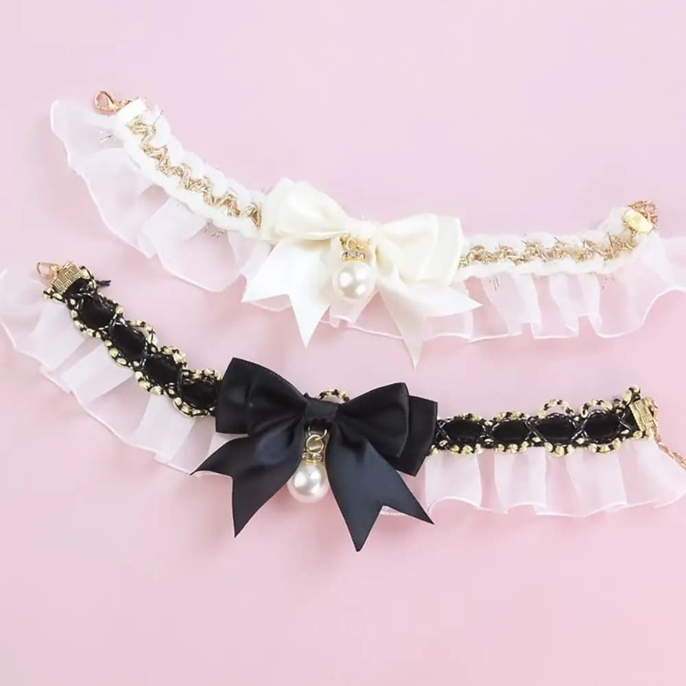 Simpatico collare per cani in pizzo con fiocco, collana per gatti dolci, eleganti bavaglini per gattini con perle