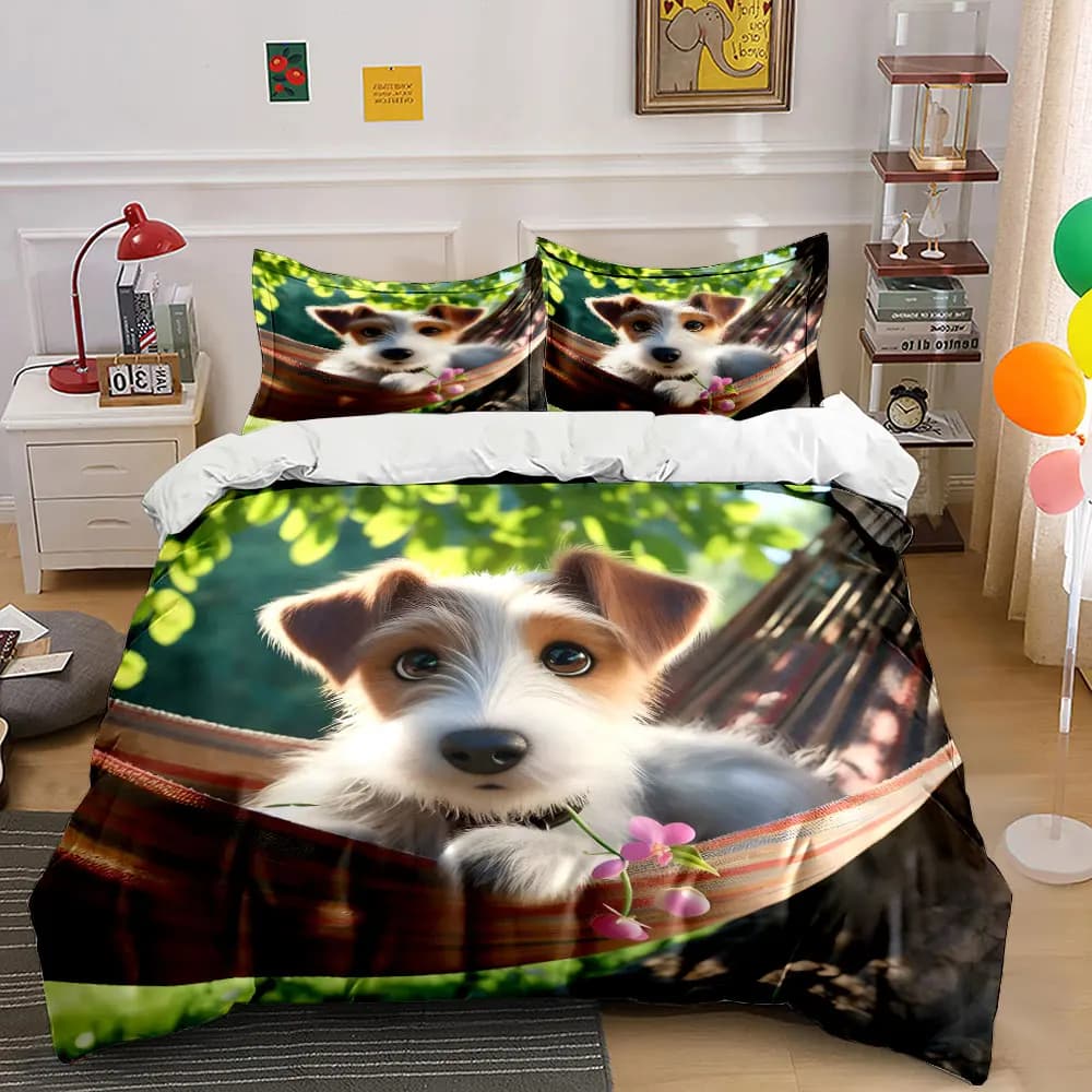 Set copripiumino con motivo simpatico Jack Russell Terrier su una rete, stampa digitale, biancheria da letto colorata in poliestere con chiusura a cerniera, regali