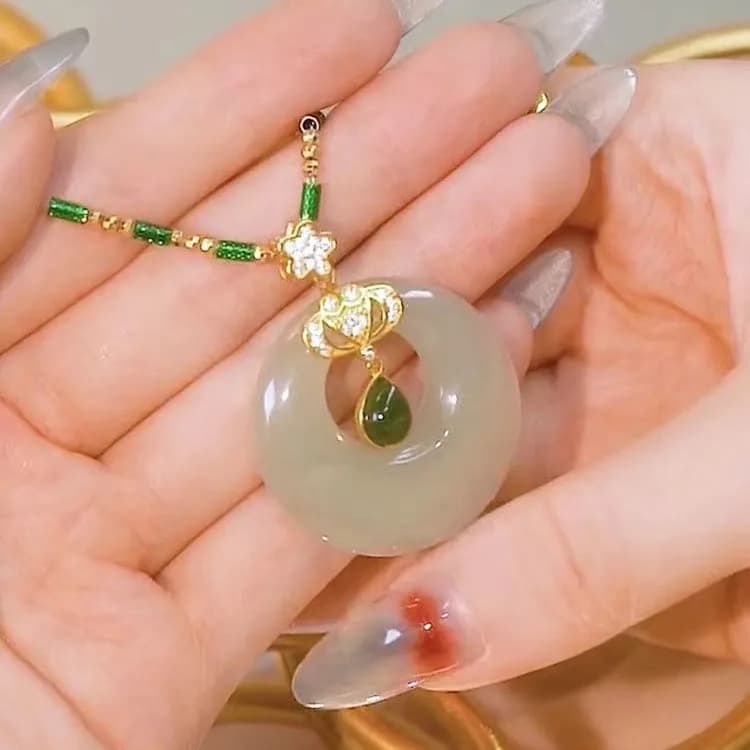 Chinese Style Hetian Jade Donut Gold Bead Necklace Lotus Rhinestone Green Jade Drop Vintage Oriental Women Collarbone Jewelry