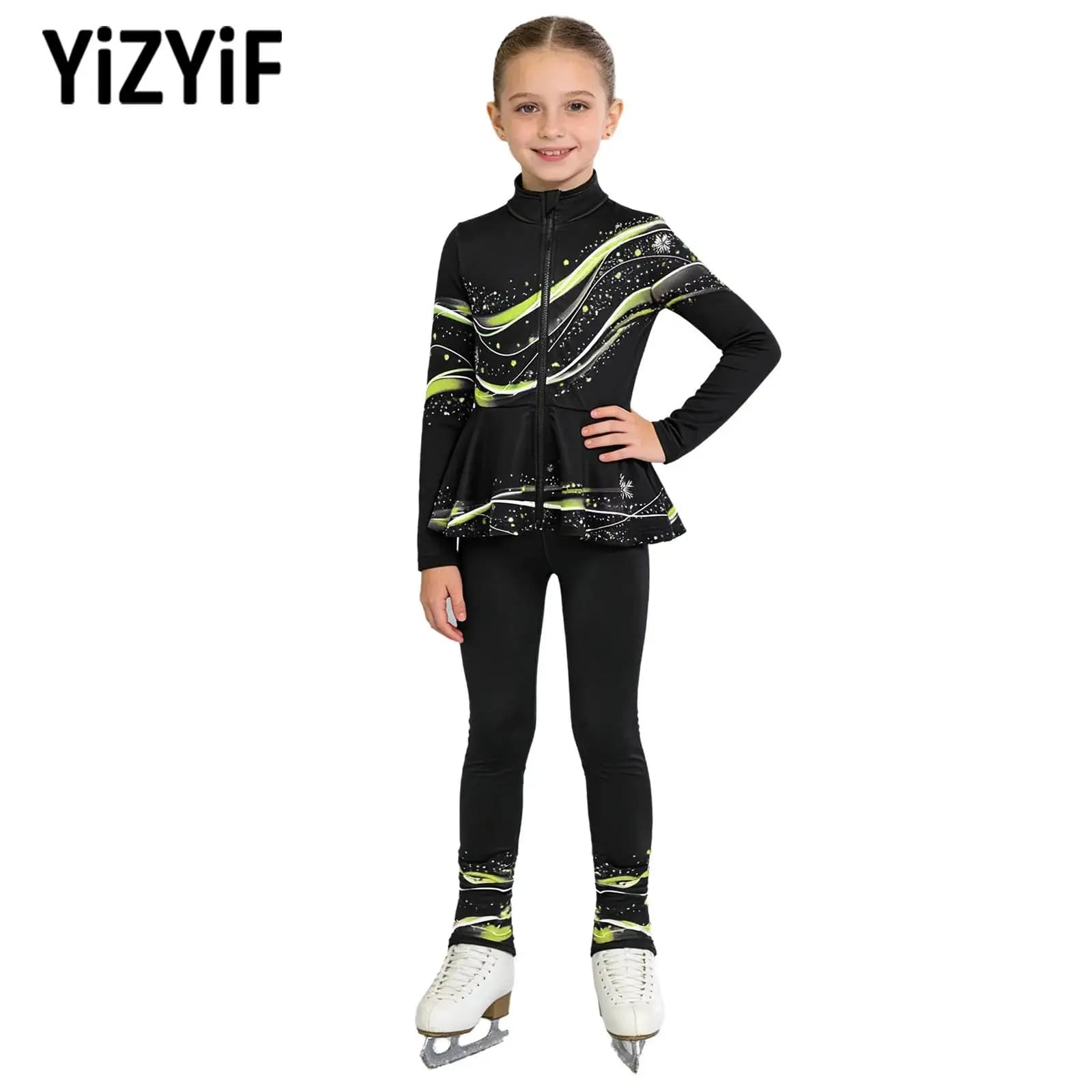 Completo per Pattinaggio Artistico per Bambine, Giacca a Maniche Lunghe con Zip e Peplum + Leggings, Set per Ginnastica Ritmica e Danza
