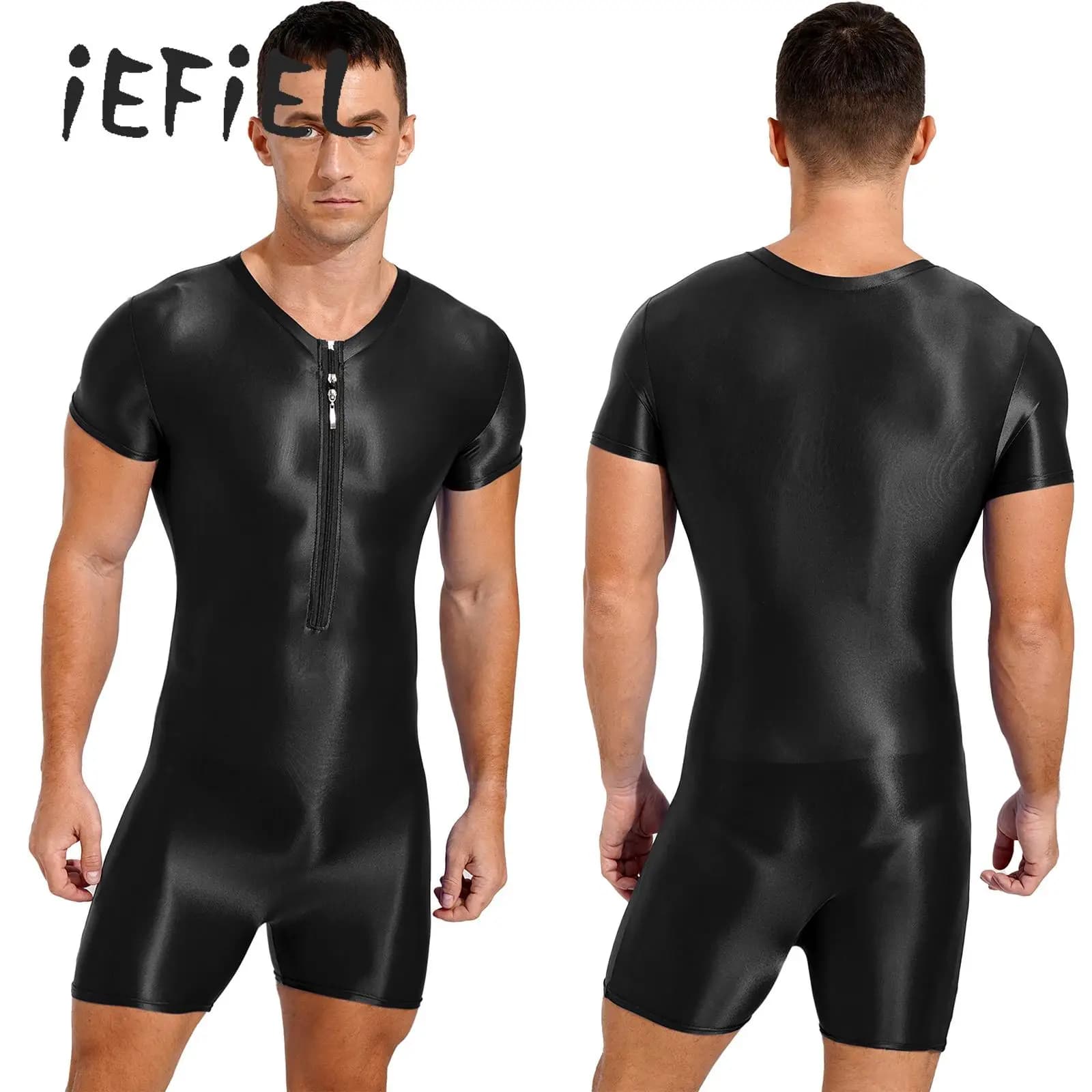 Costume da bagno intero da uomo con cerniera lucida sul davanti, tuta corta, costumi da bagno, body attillato elastico, rash guards, costume da bagno da spiaggia