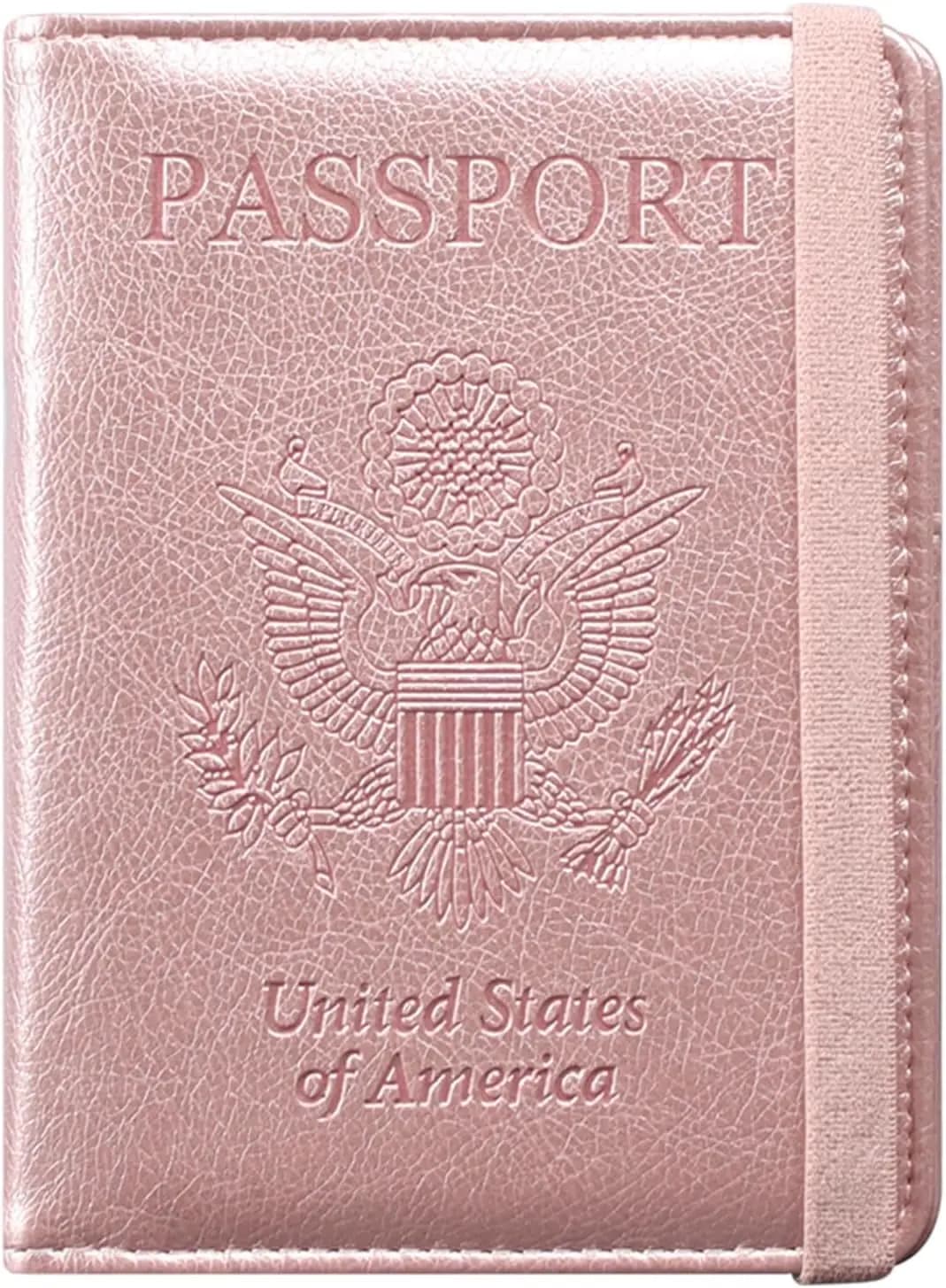 Porta Passaporto e Certificato Vaccinale in Pelle con Blocco RFID, Organizer Compatto per Documenti di Viaggio per Donne e Uomini in Oro Rosa