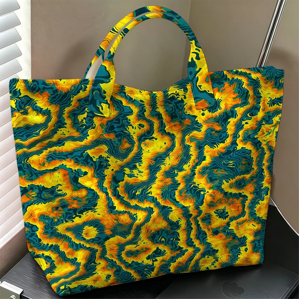 Tropical Ripple Stylish Large Glossy PVC Tote Bag Washable Waterproof Durable Ideal for Travel Commute Cosmetics Books Handbags