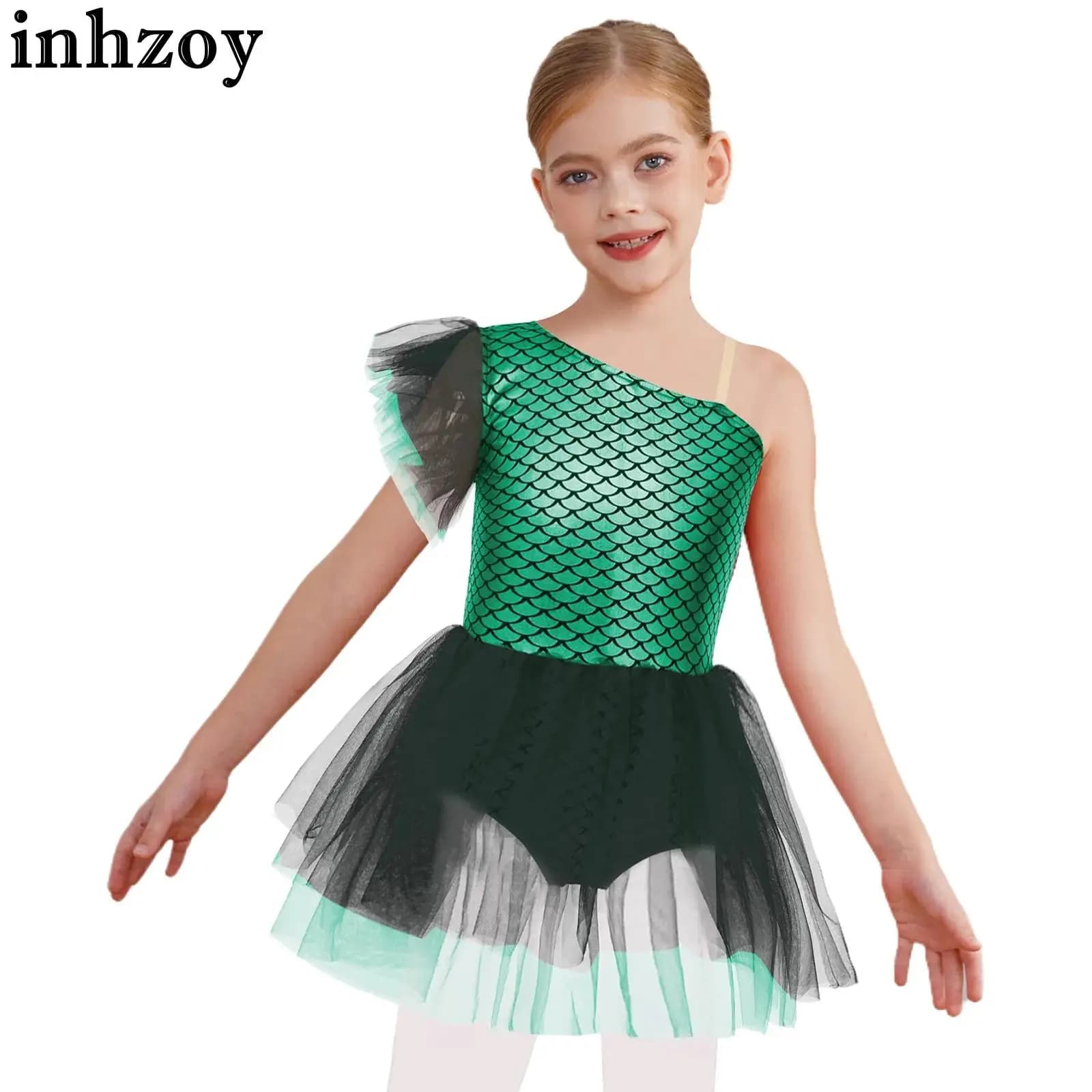 Costume da sirena di Halloween per bambina, senza maniche, con stampa di squame di pesce, vestito da tutu, balletto, danza, pattinaggio, ginnastica, body, abbigliamento da ballo