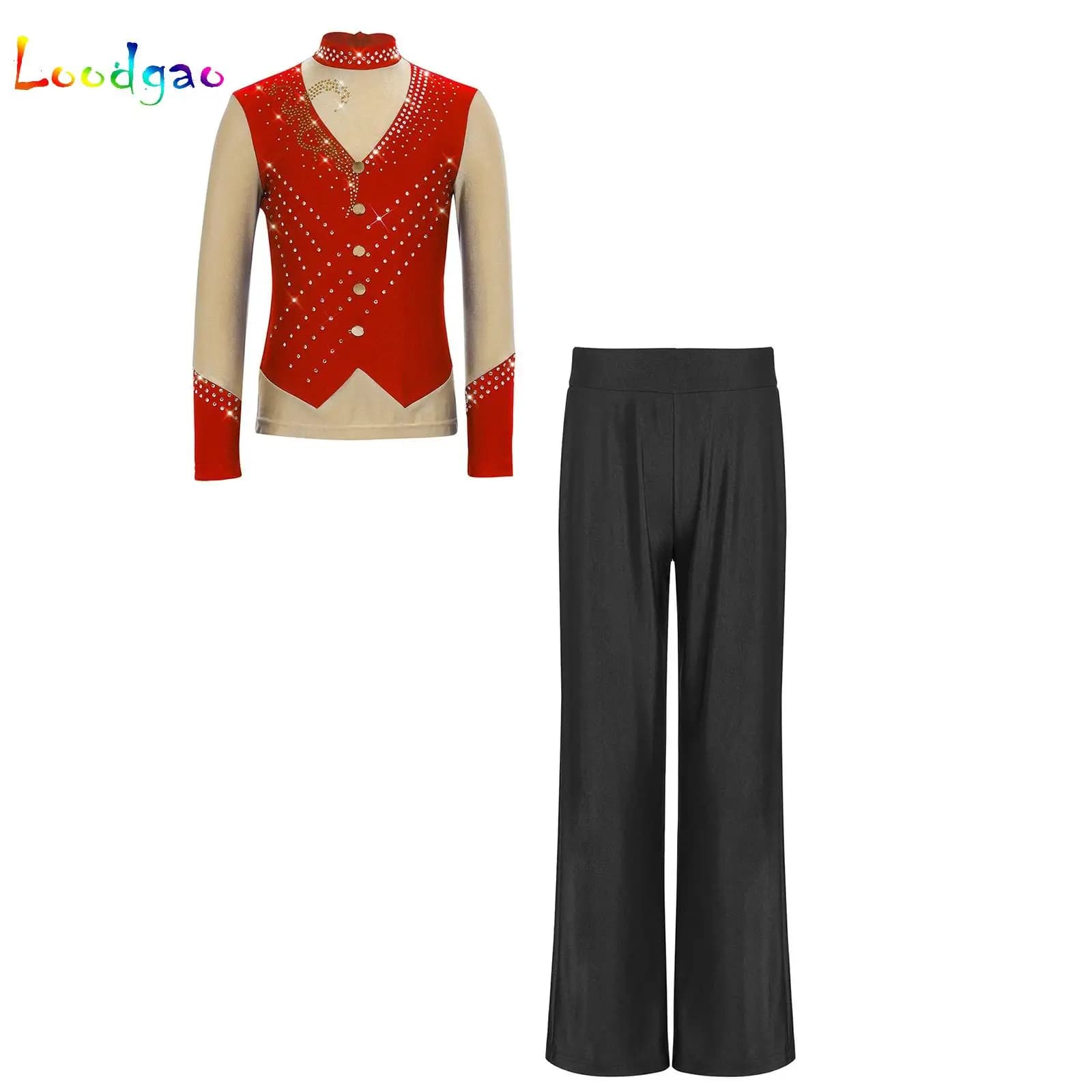 Completo da ballo latino per bambini, 2 pezzi, con strass scintillanti, maglia e pantaloni, per competizioni di danza da sala e pattinaggio artistico