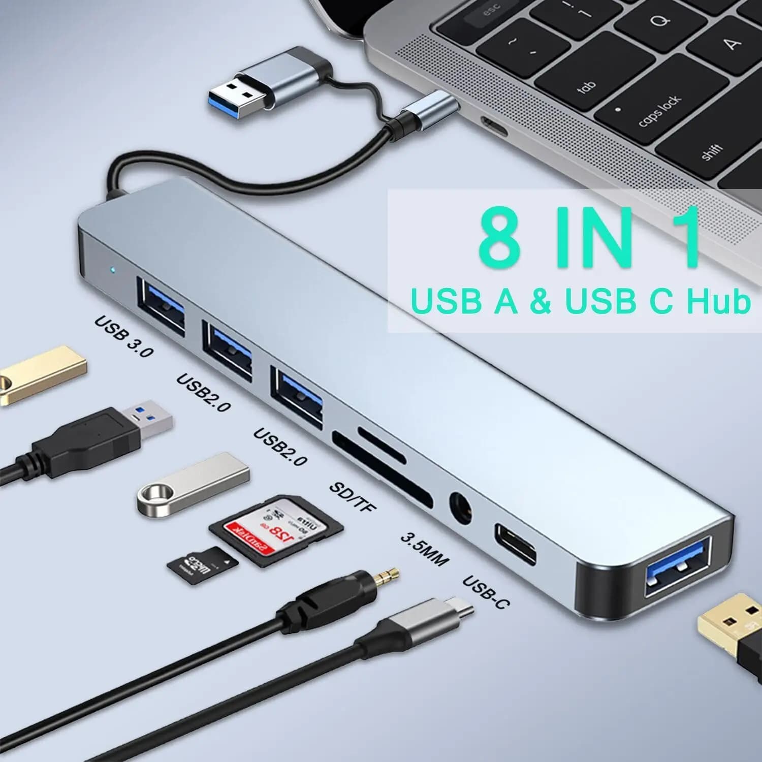8in1 USB C Hub Aluminum 3.0 2.0 Ports SD card reader TF 35mm Aux for MacBook Pro Air PC Laptop Tablet Splitter Adapter Accessories