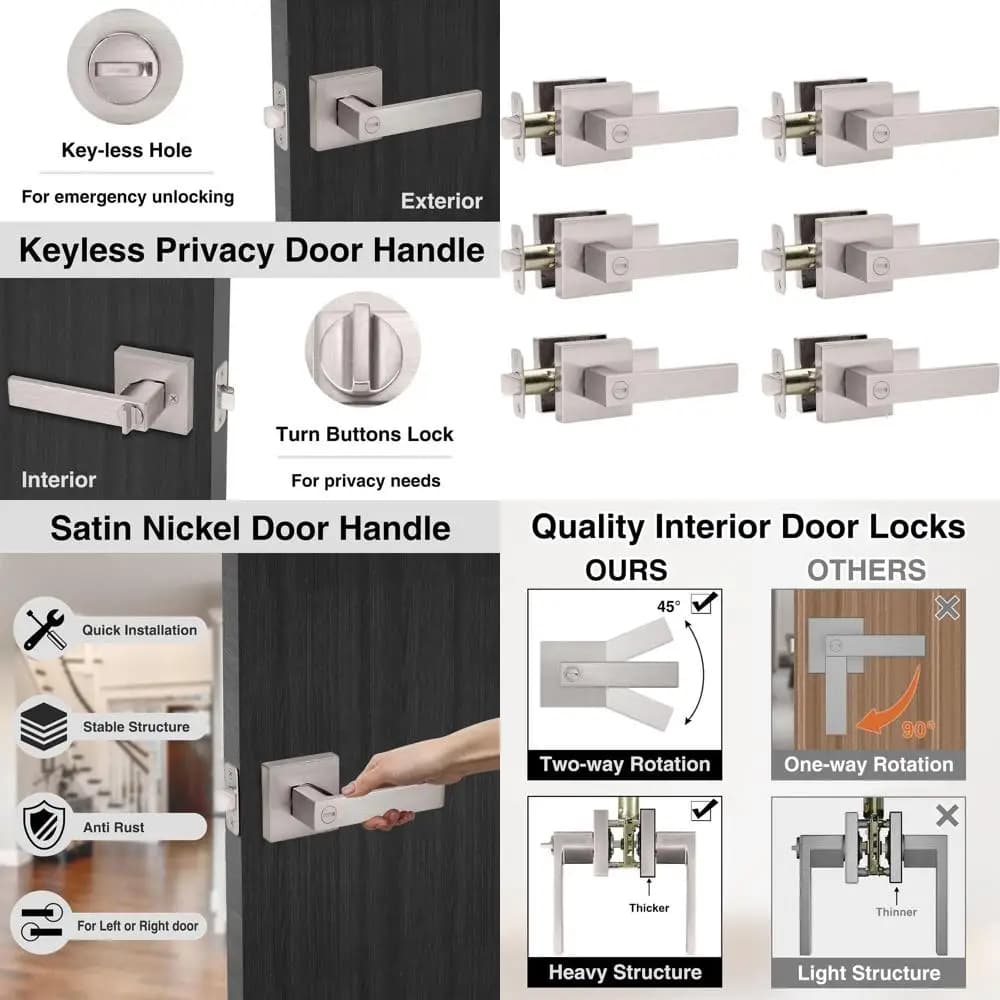Set di 6 Maniglie e Leve per Porte in Nichel Satinato con Serratura per Porte di Privacy e di Camere da Letto/Bagno