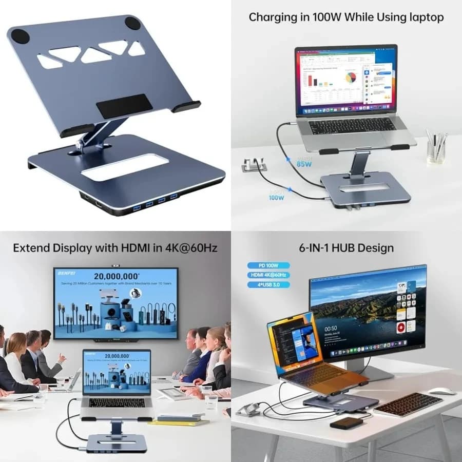 Supporto per Laptop con Docking Station USB C 6in1, HDMI 4K@60Hz, 4USB3.0, 100W PD Compatibile con MacBook Pro/Air, iPad Pro, XPS, Th