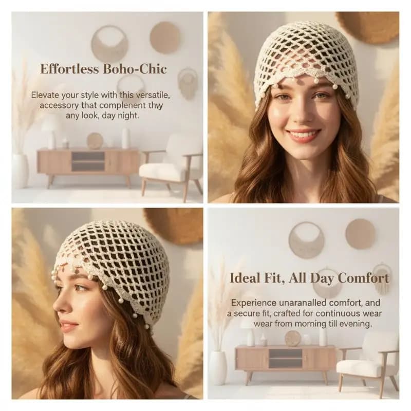 Cappelli Intrecciati Lavorati all'Uncinetto, Berretti Traspiranti con Perle e Frange, Cappelli Retro