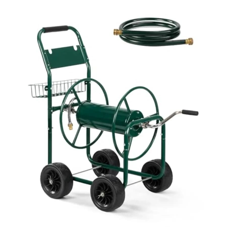 Carrello Avvolgitubo da Giardino Rinforzato con 4 Ruote in PU, Cesto Portaoggetti Verde, Contiene Fino a 300 Piedi di Tubo da 5/8, Ideale per Irrigazione del Prato