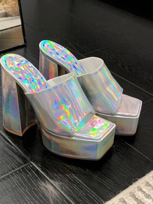 Silver High Heel Thick Heel Waterproof Platform Ladies Sandals Lazada Women Shoes PU Material Comfortable Casual Footwear