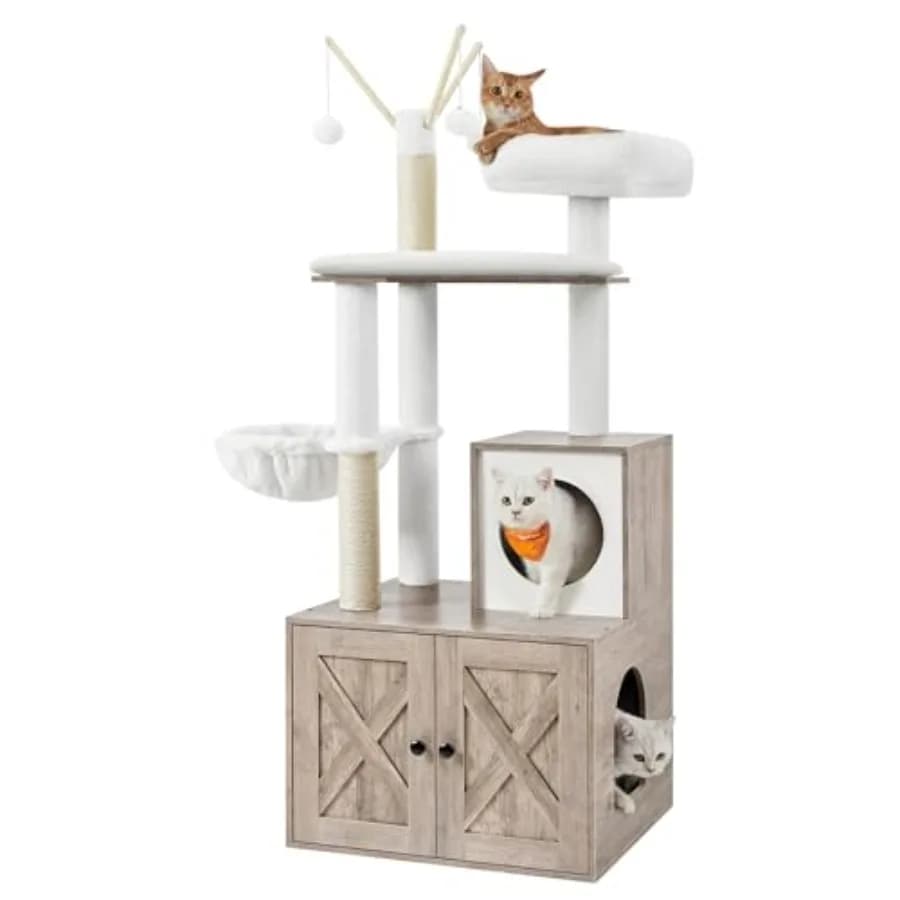 Albero per gatti moderno da 59 pollici con lettiera integrata 2-in-1, con posti per grattare e cuscino lavabile rimovibile, Grigio