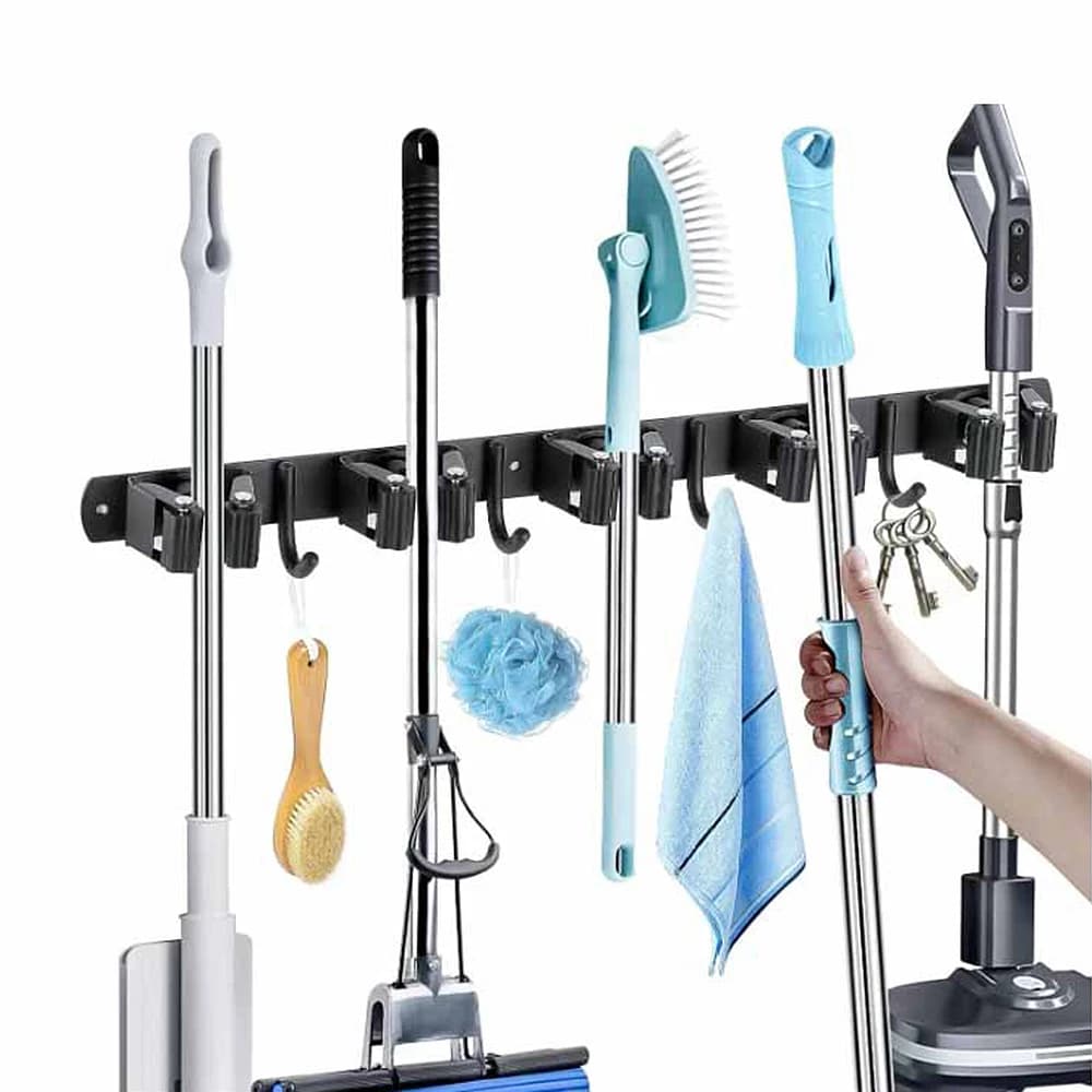 Stainless Steel Mop and Broom Holder Wall Mounted Multi-Functional Bathroom Kitchen Storage Rack Garage Garden Tools Organizer