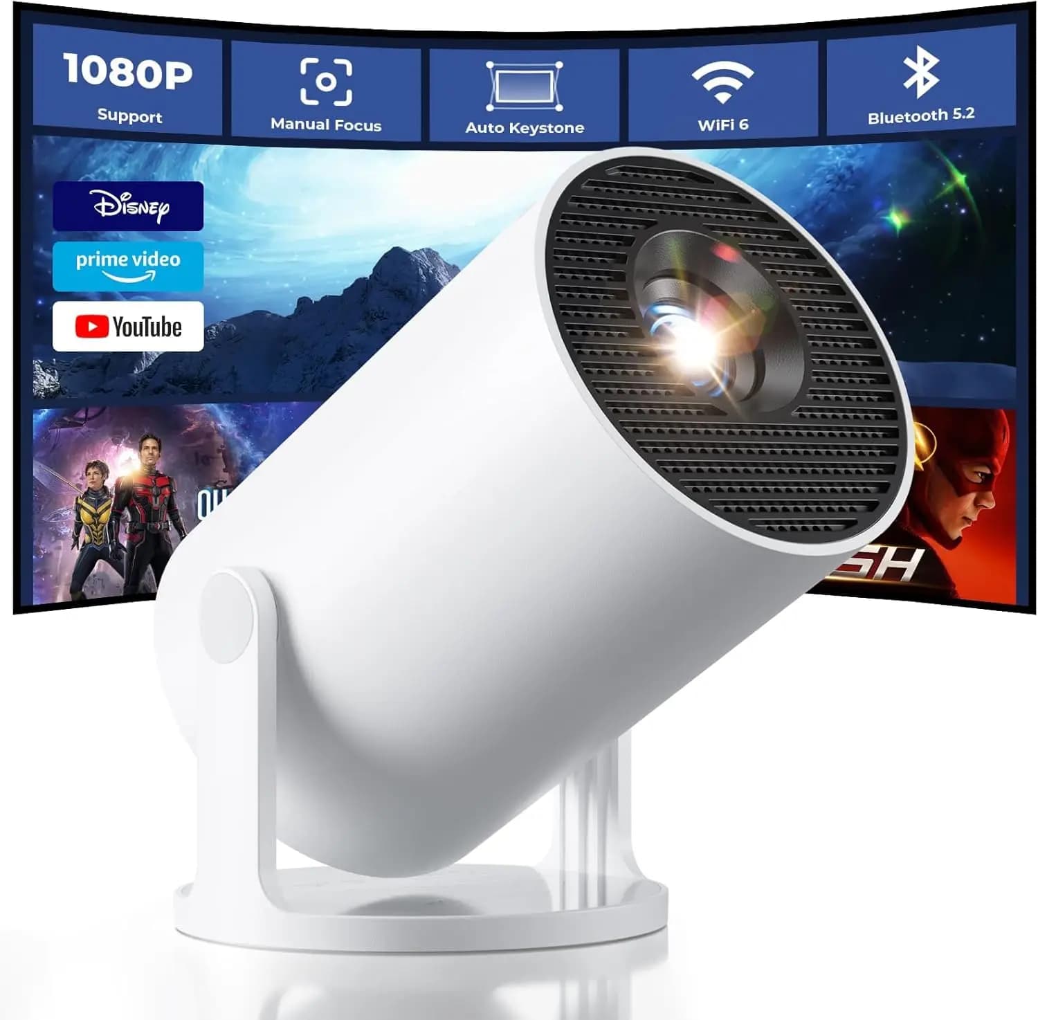 Mini Proiettore con WiFi e Bluetooth, App Integrate, Portatile Intelligente, Correzione Automatica Keystone, Supporto 1080P, Compatibile con HDMI USB TV Stick