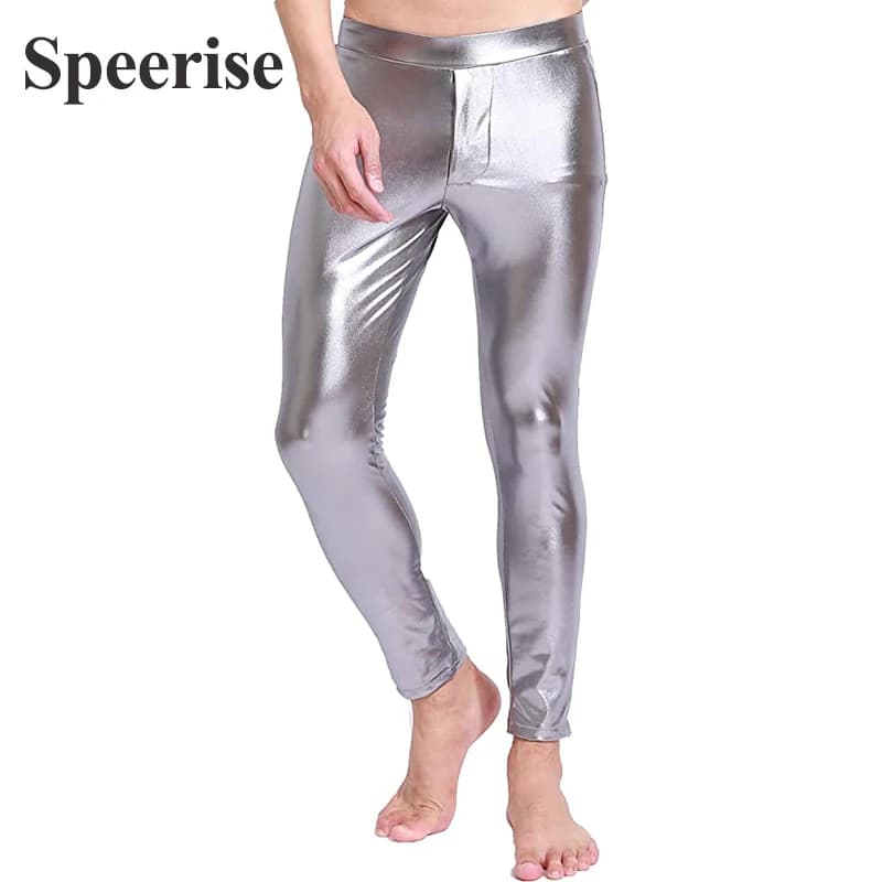 Speerise Leggings da uomo in spandex metallizzato lucido nero argento con cerniera Pantaloni da ballo skinny per performance sul palco Collant a figura intera per adulti